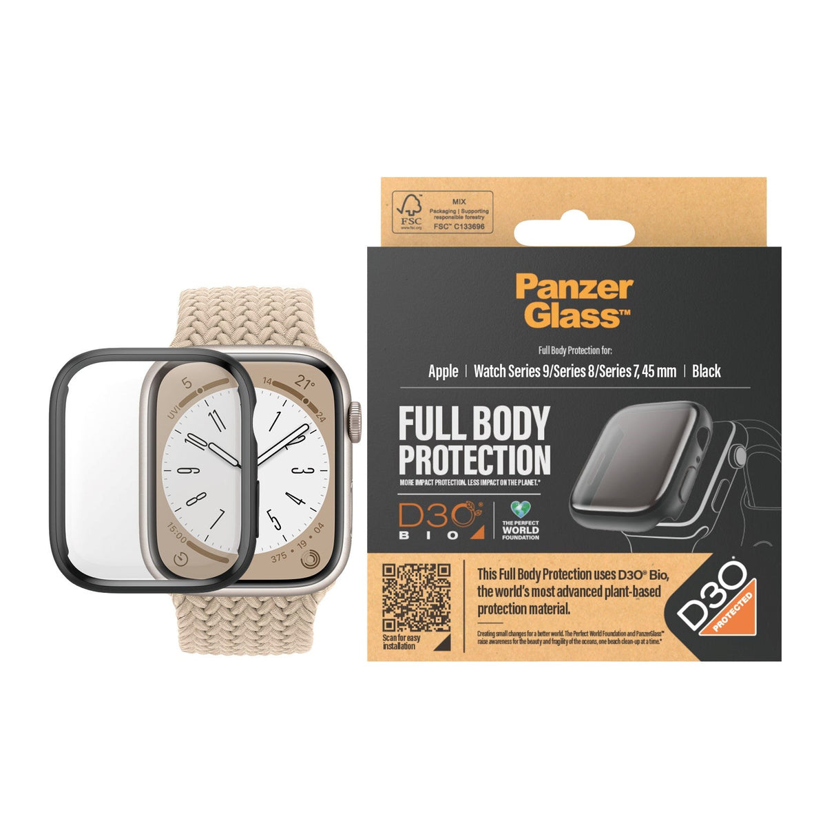 Apple Watch 9/8/7 (45mm) PanzerGlass Full Body D3O Bio Protection Cover m. Indbygget Skærmbeskyttelse - Sort