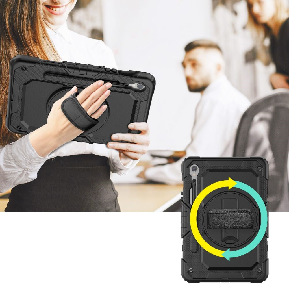Samsung Galaxy Tab S10 FE / S9 FE Cover m. Beskyttelsesfilm, Håndholder & Skulderstrop - Tech-Protect Solid360 - Sort