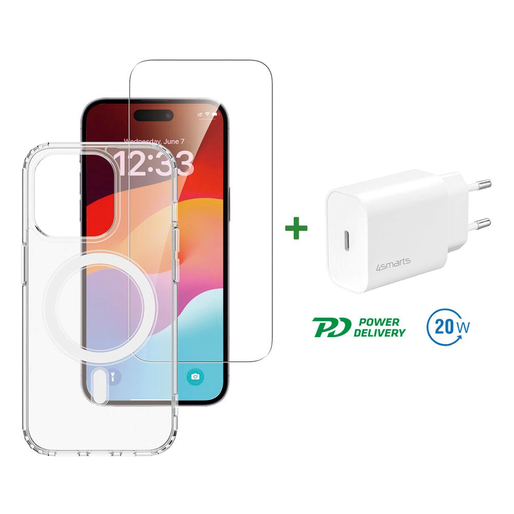 4smarts iPhone 15 Pro Max Premium Starter Set - MagSafe Bagside Cover, Skærmbeskyttelse & 20W Vægoplader - Gennemsigtig / Hvid