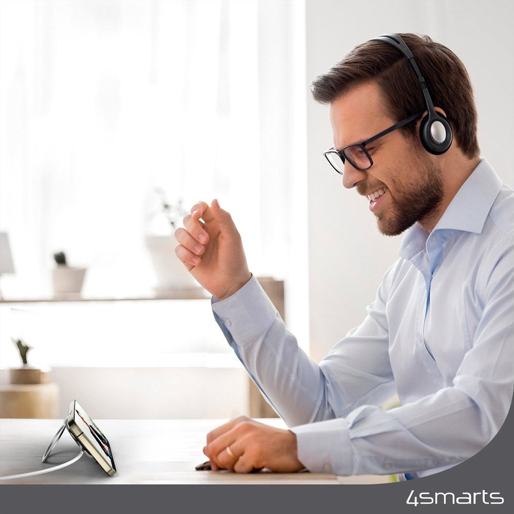 4smarts Qi2 Magnetisk Trådløs Oplader 15W m. Kickstand - MagSafe Kompatibel - Hvid / Sølv