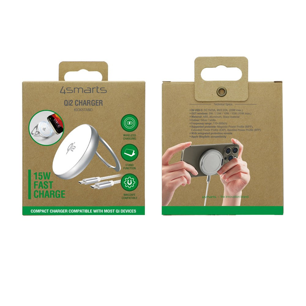4smarts Qi2 Magnetisk Trådløs Oplader 15W m. Kickstand - MagSafe Kompatibel - Hvid / Sølv