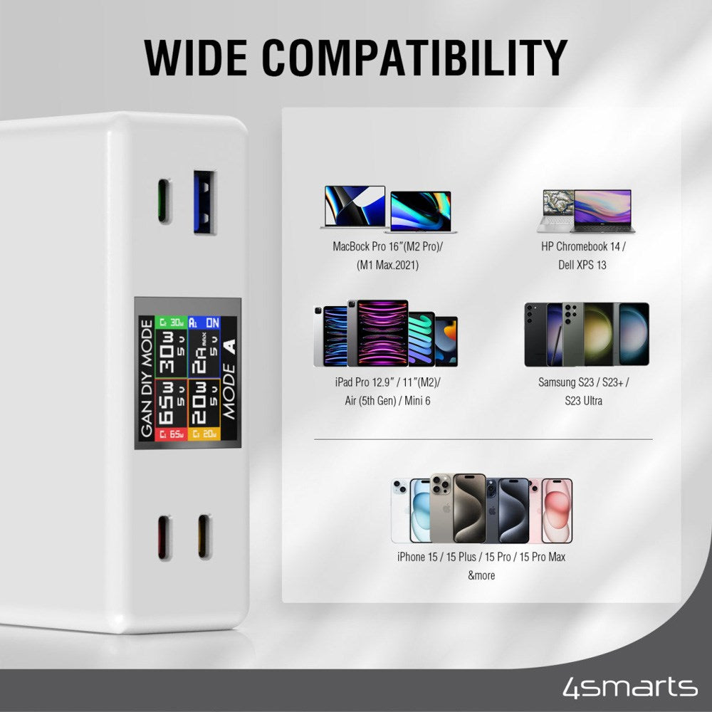 4smarts - GaN DIY Mode Bordoplader - 130W / 3x USB-C & 1x USB-A - Hvid