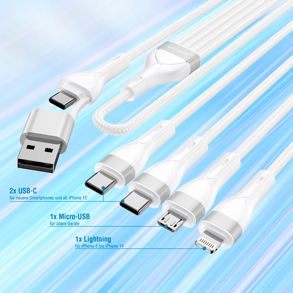 4smarts 4in2 15W Multi-Charging Kabel - Lightning / 2 x USB-C / Micro USB - 120cm - Hvid