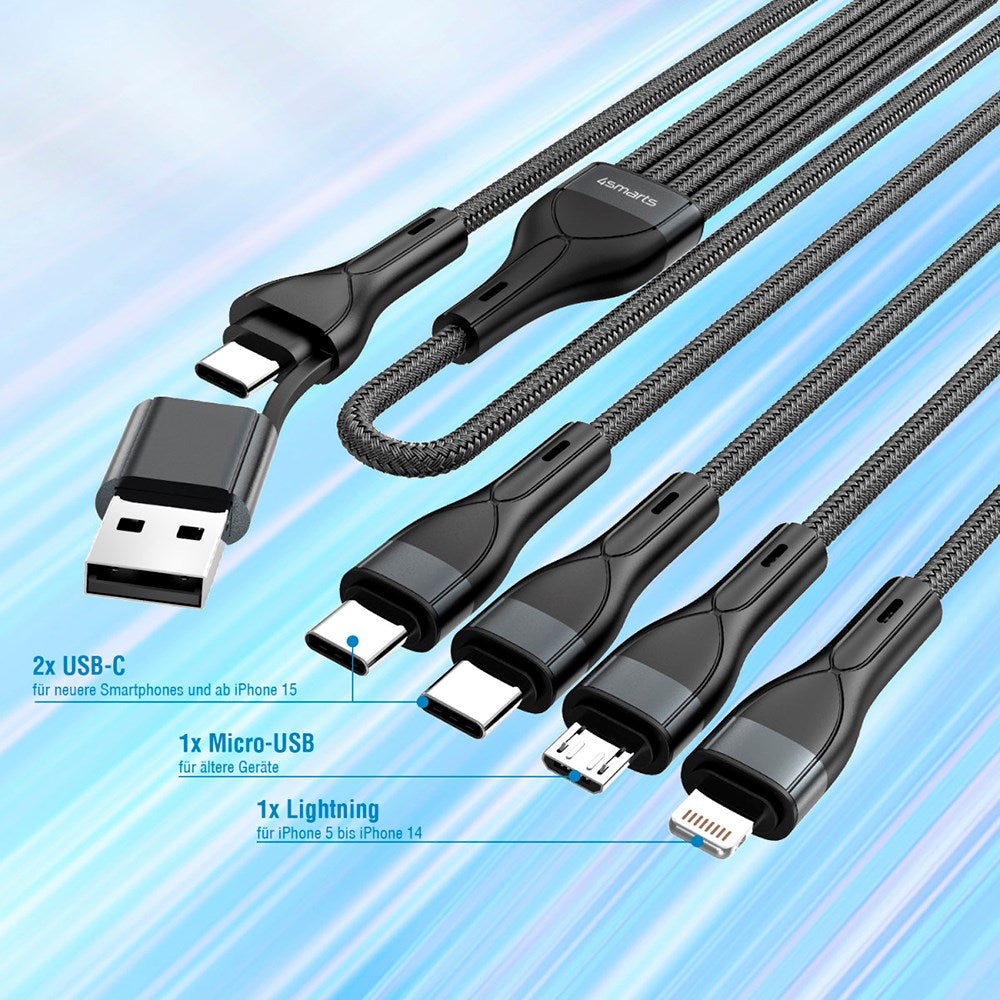 4smarts 4in2 15W Multi-Charging Kabel - Lightning / 2 x USB-C / Micro USB - 120cm - Sort