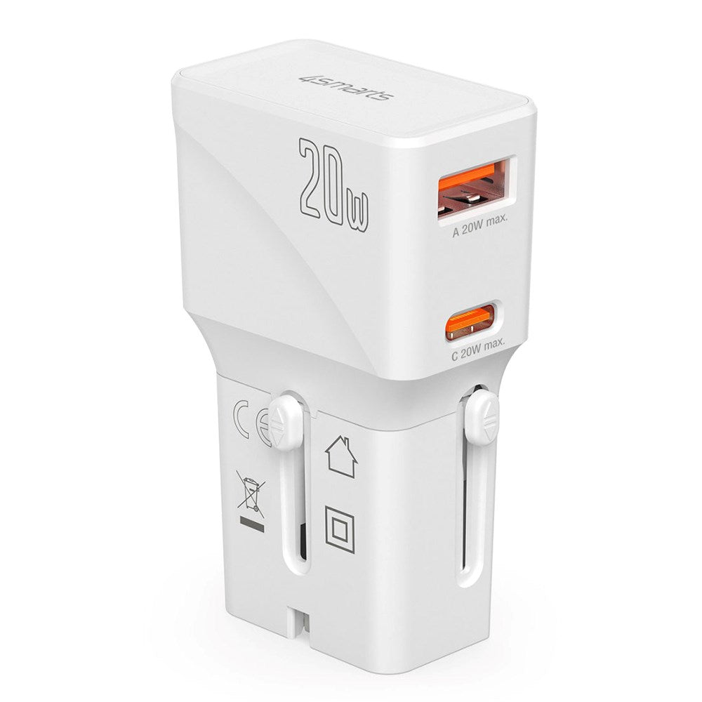 4smarts Rejseadapter m. 1 x USB-A, 1 x USB-C - Hvid