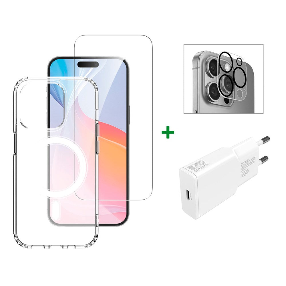 4smarts iPhone 16 Pro Premium Starter Set - MagSafe Bagside Cover, Beskyttelse til Skærm og Kameralinse & 30W Vægoplader - Gennemsigtig / Hvid