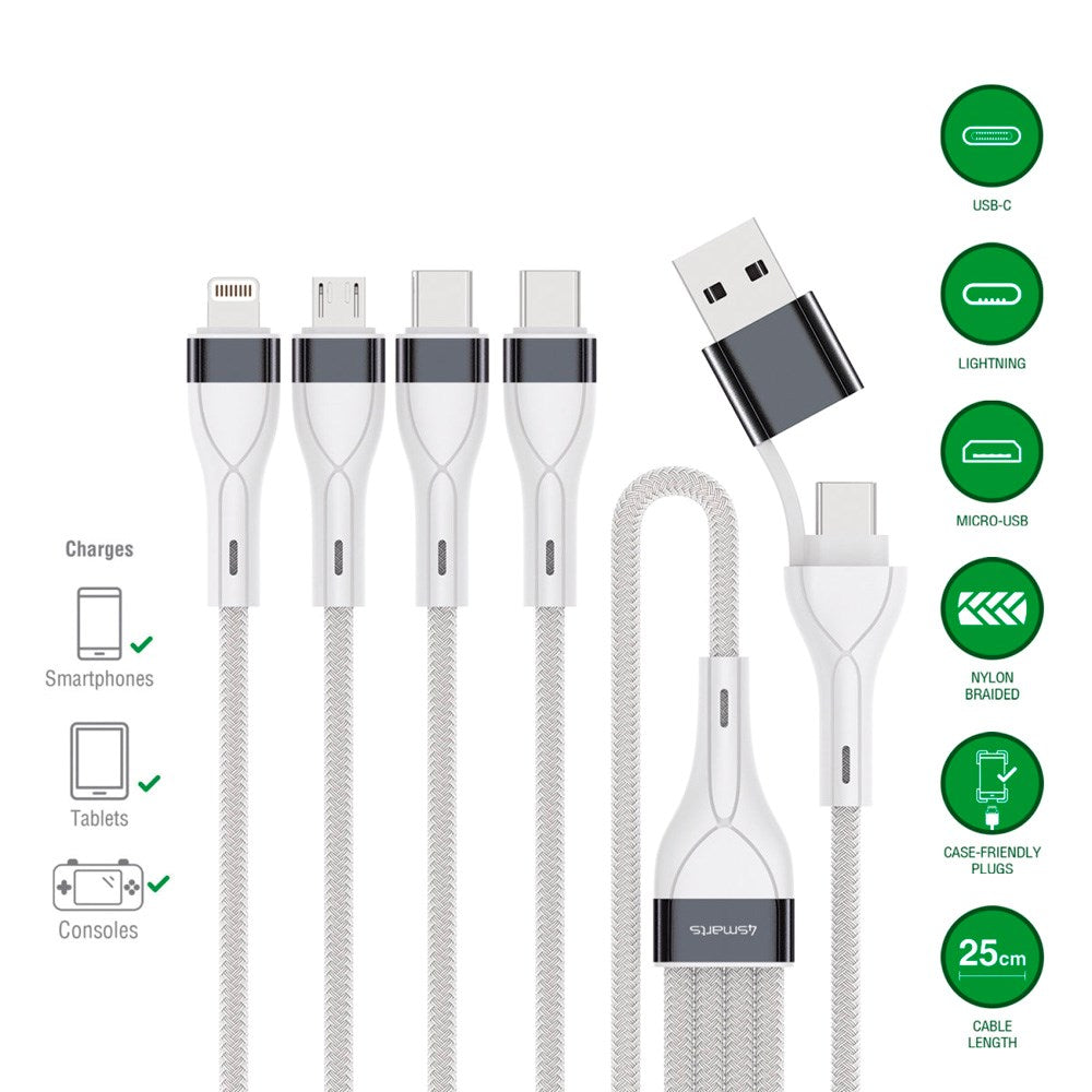 4smarts - Multiopladningskabel - USB-C / USB-A / Lightning / Micro USB - 25cm - Hvid