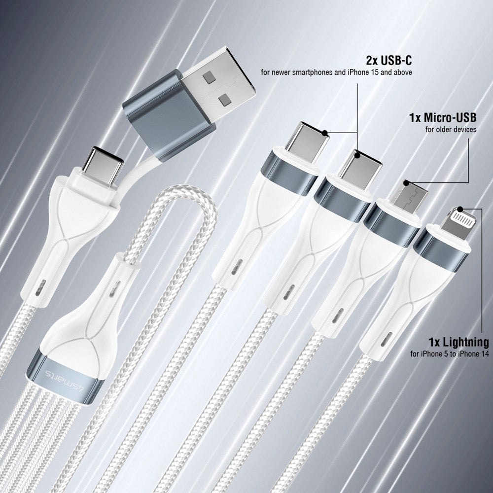 4smarts - Multiopladningskabel - USB-C / USB-A / Lightning / Micro USB - 25cm - Hvid