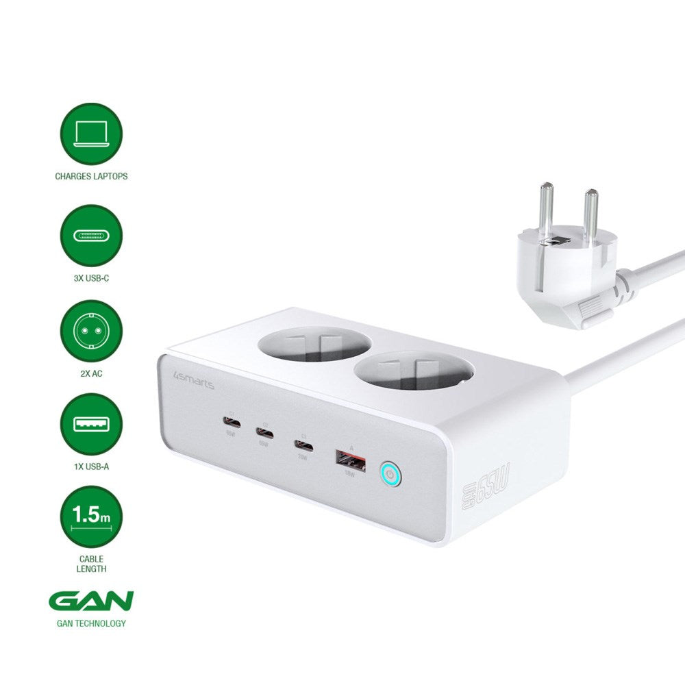 4smarts - 6-i-1 Bordoplader - 65W - 2x AC-stik / 3x USB-C / 1x USB-A - Hvid