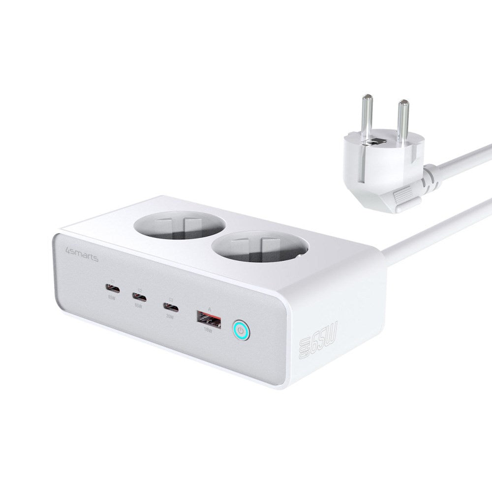4smarts - 6-i-1 Bordoplader - 65W - 2x AC-stik / 3x USB-C / 1x USB-A - Hvid