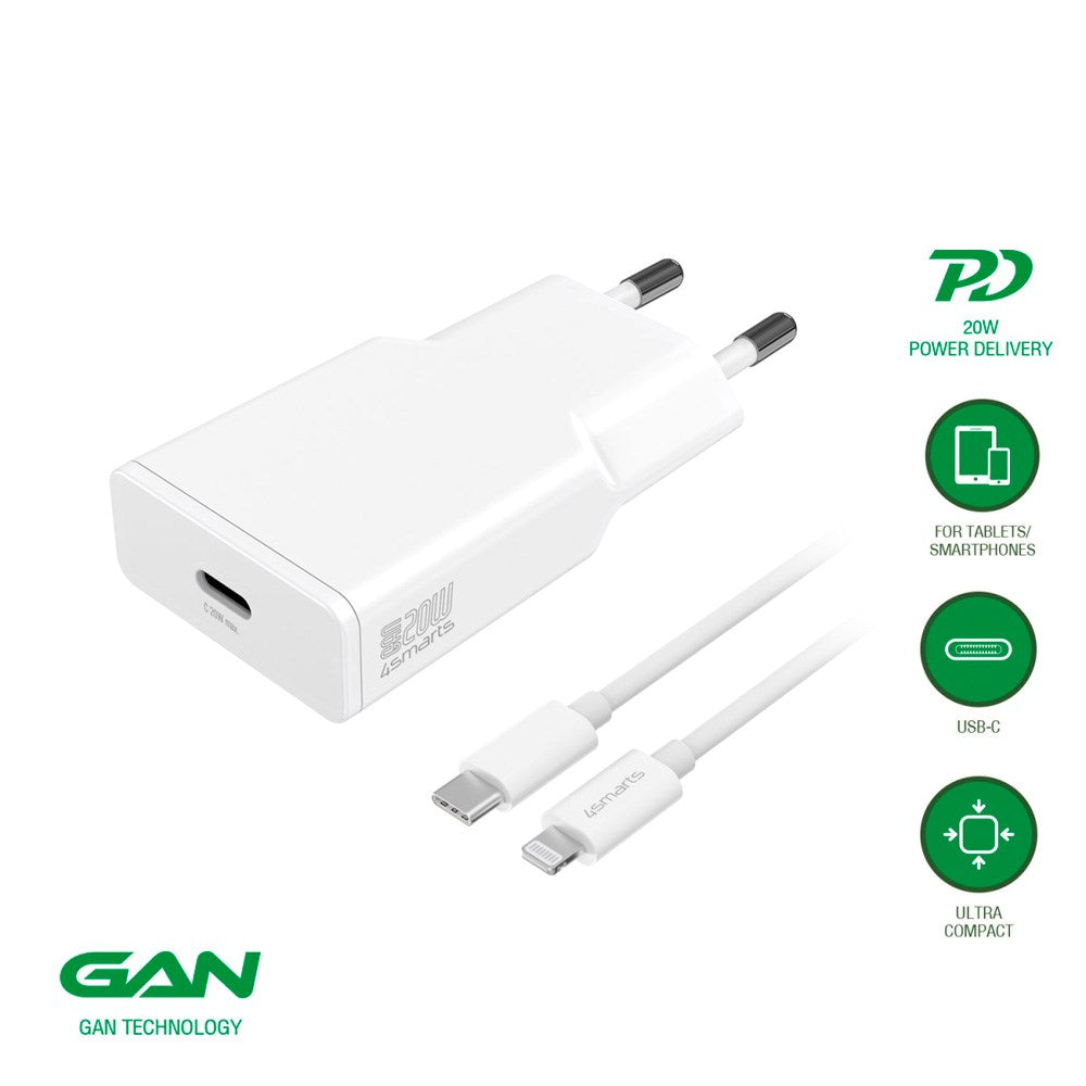 4smarts - Vægoplader - USB-C til Lightning Kabel - 20W - 1.5m - Hvid
