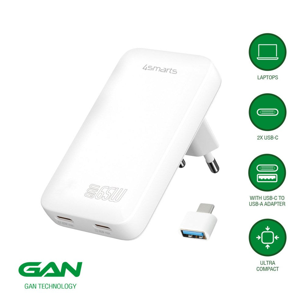 4smarts - FlatPlug Slim Dual Vægoplader - 65W / 2x USB-C - Hvid