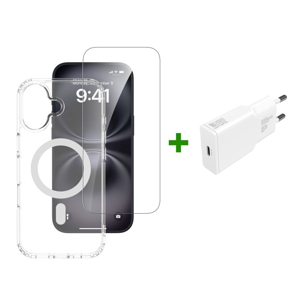 iPhone 17 - 4Smarts 3-i-1 Premium Starter Set - MagSafe Mobil Cover, Skærmbeskyttelse & 20W Vægoplader - Gennemsigtig / Hvid