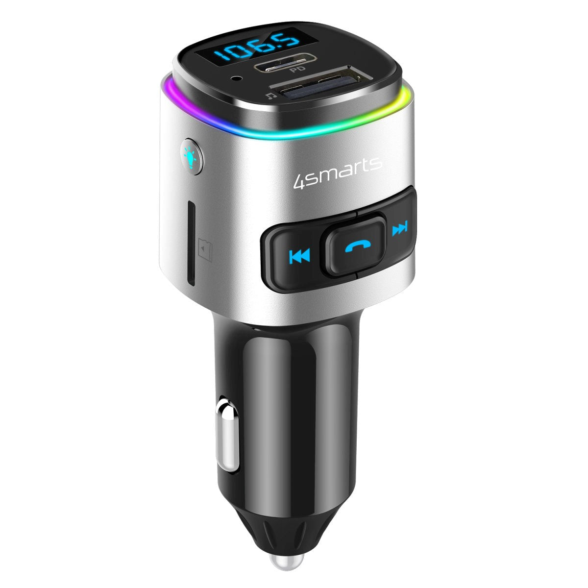 4smarts Media & Assist 2 - Bluetooth FM Transmitter & USB-C (PD) / USB-A Biloplader - Sølv