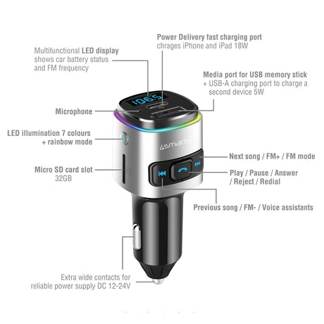 4smarts Media & Assist 2 - Bluetooth FM Transmitter & USB-C (PD) / USB-A Biloplader - Sølv