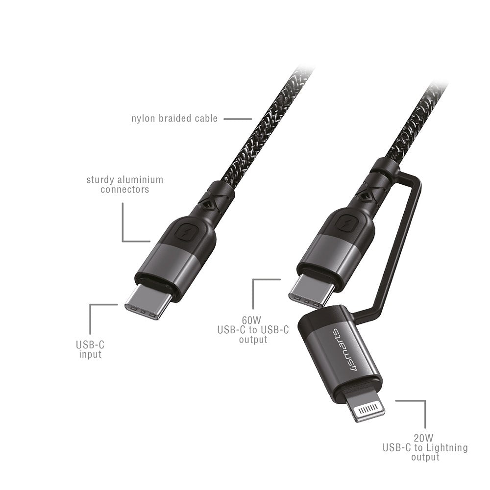 4Smarts ComboCord USB-C til USB-C eller Lightning Kabel - 60W PD - 1,5m. - Sort