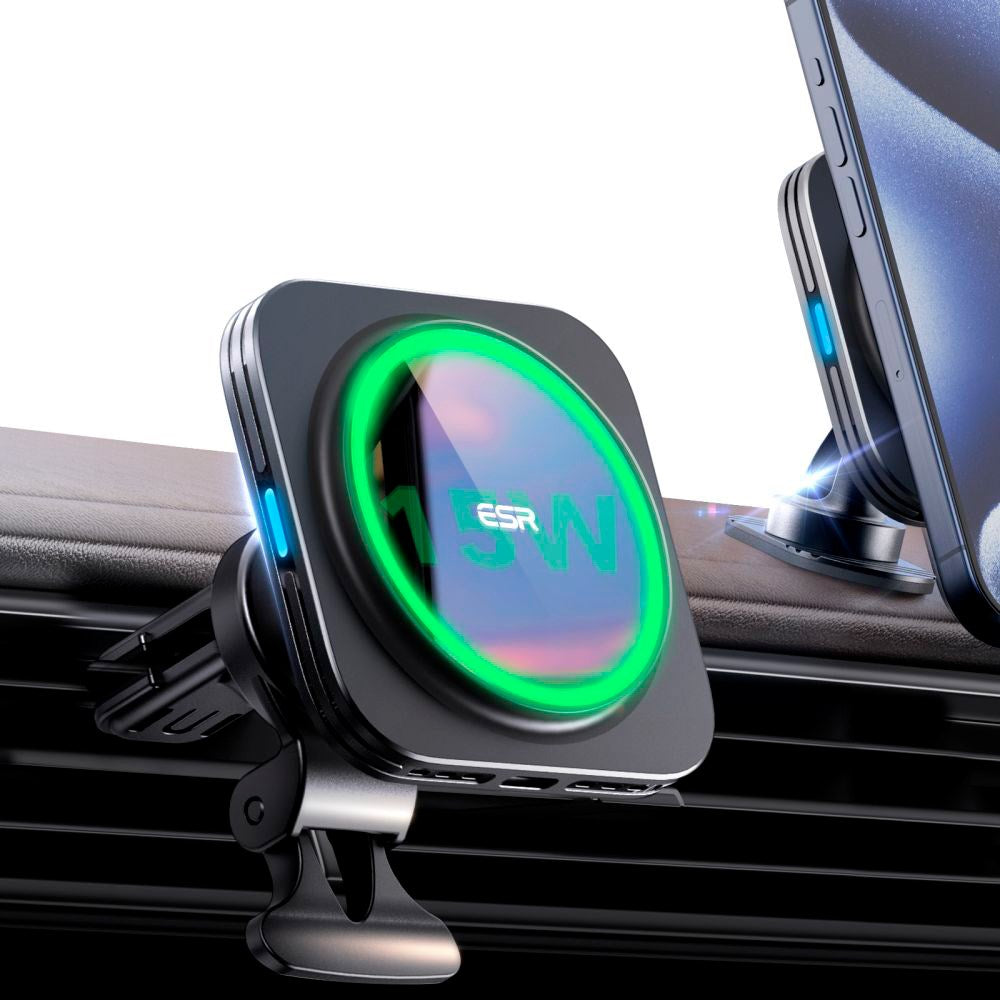 ESR Halolock Magnetisk Mobilholder til Bil m. Q-i-2 & 15W Trådløs Opladning - MagSafe Kompatibel - Sort