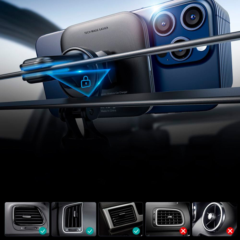 ESR Halolock Magnetisk Mobilholder til Bil m. Q-i-2 & 15W Trådløs Opladning - MagSafe Kompatibel - Sort