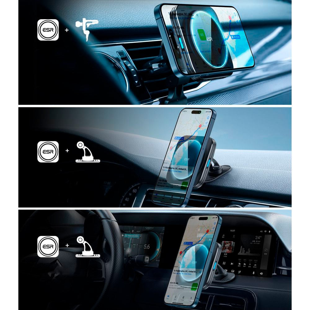 ESR Halolock Magnetisk Mobilholder til Bil m. Q-i-2 & 15W Trådløs Opladning - MagSafe Kompatibel - Sort