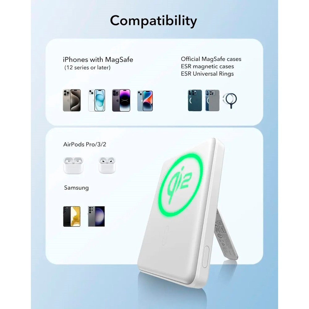 ESR - Qi2 MagSlim PowerBank m. Kickstand - 15W / 5000 mAh - MagSafe Kompatibel - Hvid