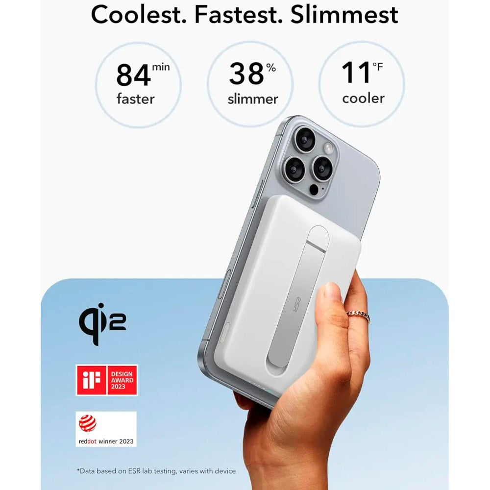 ESR - Qi2 MagSlim PowerBank m. Kickstand - 15W / 5000 mAh - MagSafe Kompatibel - Hvid