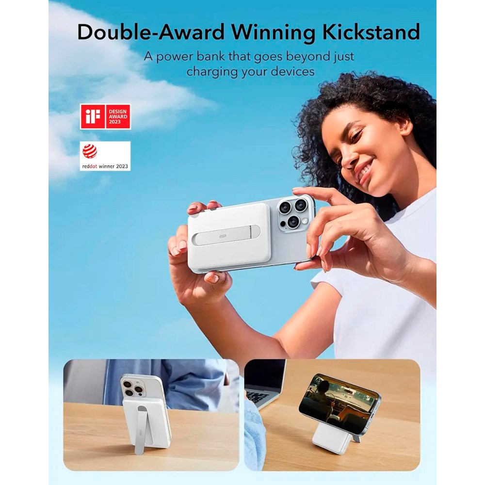 ESR - Qi2 MagSlim PowerBank m. Kickstand - 15W / 5000 mAh - MagSafe Kompatibel - Hvid