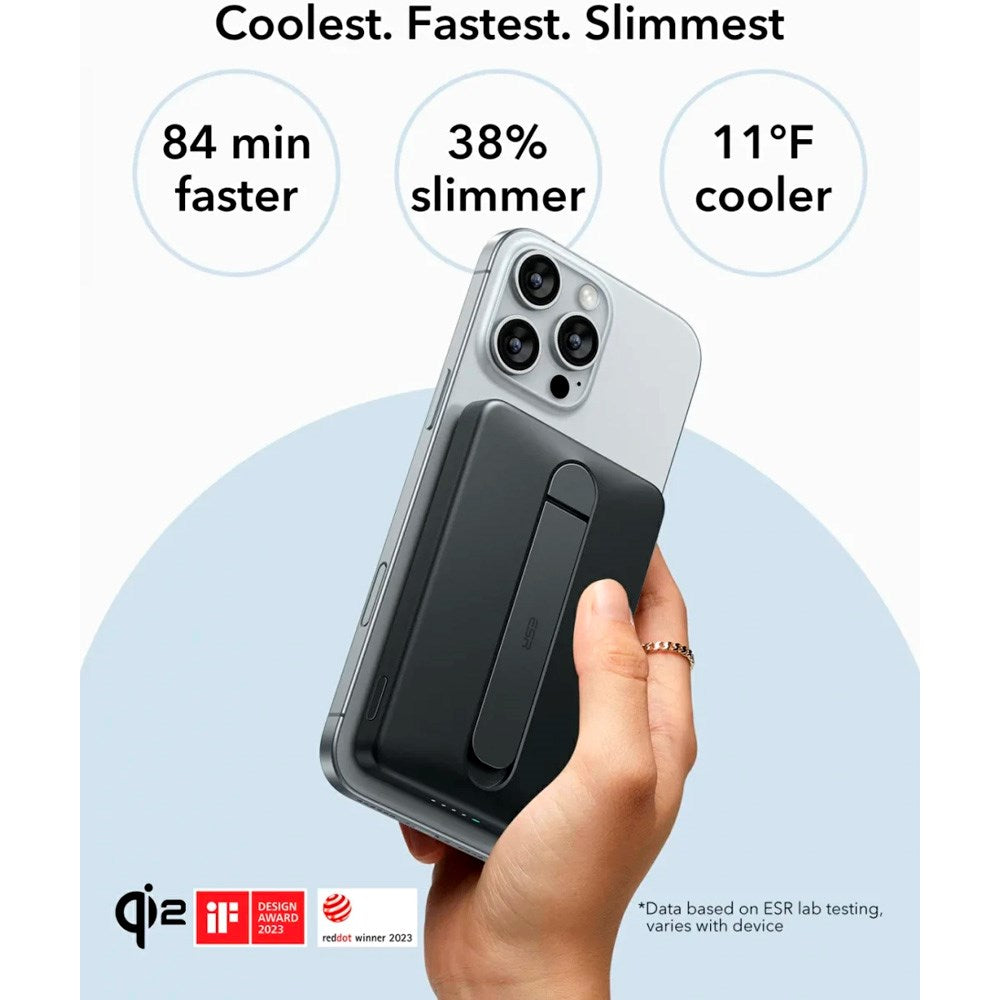ESR - Qi2 MagSlim PowerBank m. Kickstand - 15W / 5000 mAh - MagSafe Kompatibel - Sort