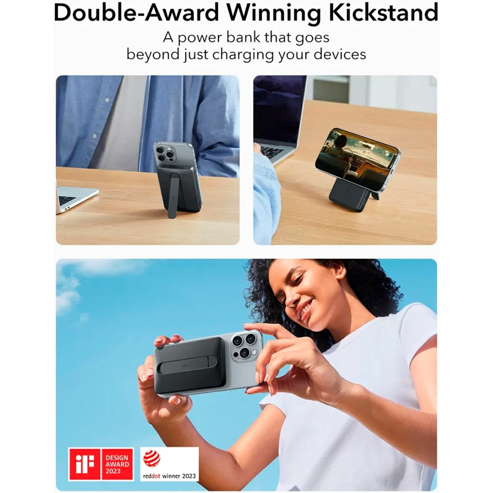 ESR - Qi2 MagSlim PowerBank m. Kickstand - 15W / 5000 mAh - MagSafe Kompatibel - Sort