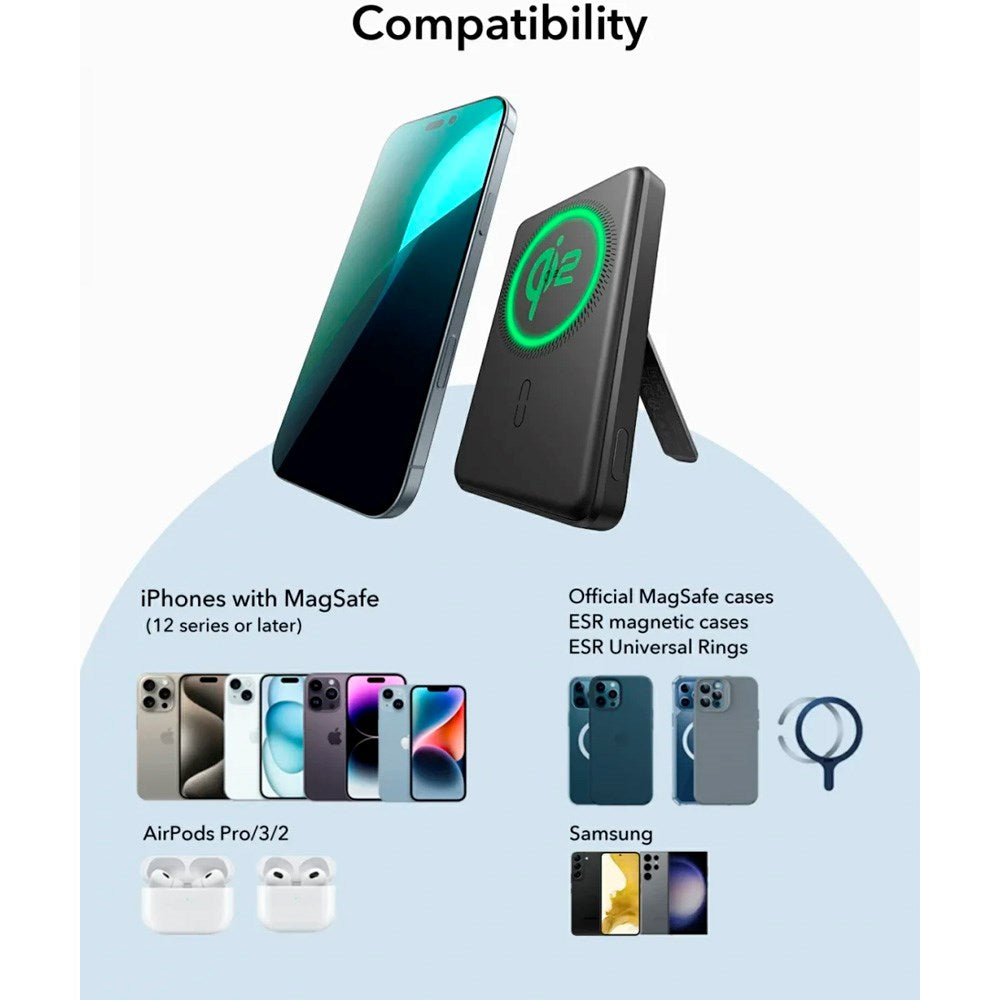 ESR - Qi2 MagSlim PowerBank m. Kickstand - 15W / 5000 mAh - MagSafe Kompatibel - Sort