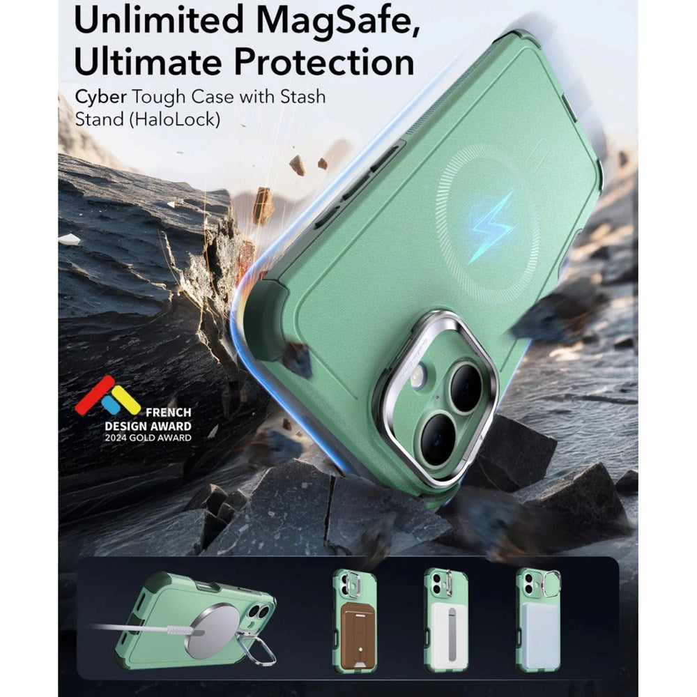 ESR iPhone 16 Cyber Armor Cover - Indbygget Kickstand - MagSafe Kompatibel - Grøn