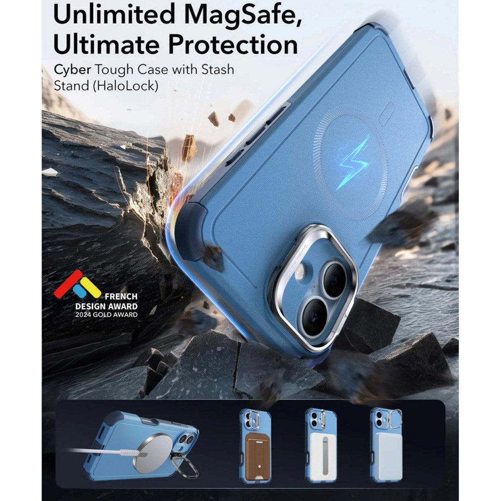 ESR iPhone 16 Cyber Armor Cover - Indbygget Kickstand - MagSafe Kompatibel - Blå
