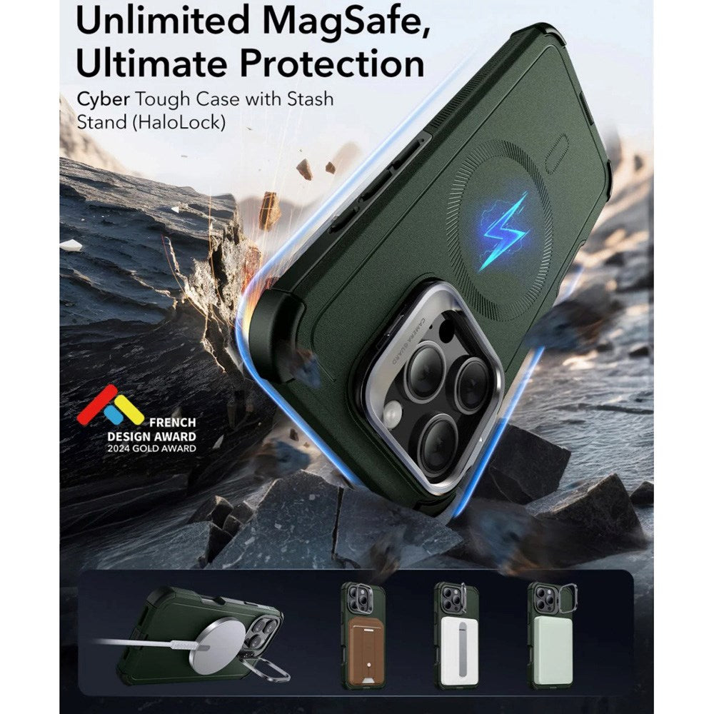 ESR iPhone 16 Pro Cyber Armor Cover - Indbygget Kickstand - MagSafe Kompatibel - Grøn