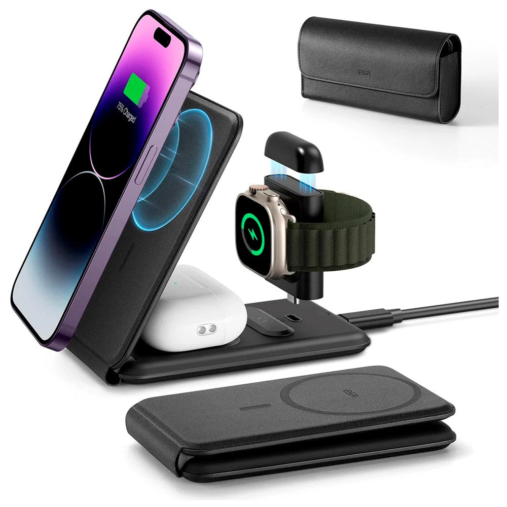 ESR - 3-i-1 Qi2 Foldbar Trådløs Oplader - MagSafe Kompatibel - Sort