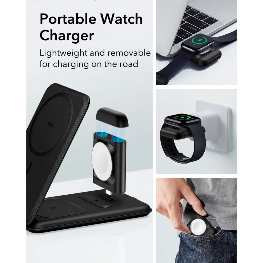 ESR - 3-i-1 Qi2 Foldbar Trådløs Oplader - MagSafe Kompatibel - Sort