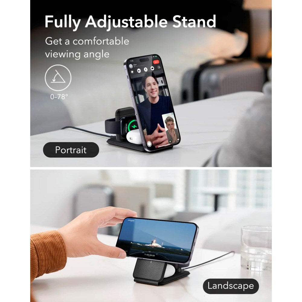 ESR - 3-i-1 Qi2 Foldbar Trådløs Oplader - MagSafe Kompatibel - Sort