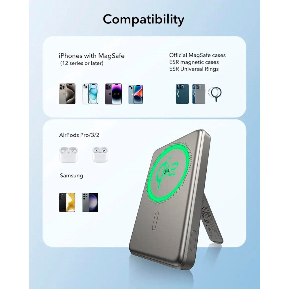 ESR - Qi2 MagSlim PowerBank m. Kickstand - 15W / 5000 mAh - MagSafe Kompatibel - Titanium