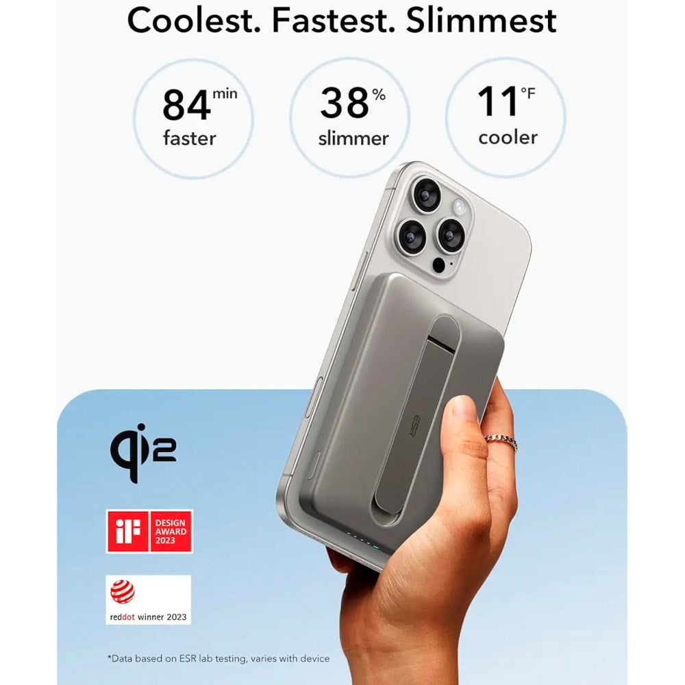 ESR - Qi2 MagSlim PowerBank m. Kickstand - 15W / 5000 mAh - MagSafe Kompatibel - Titanium