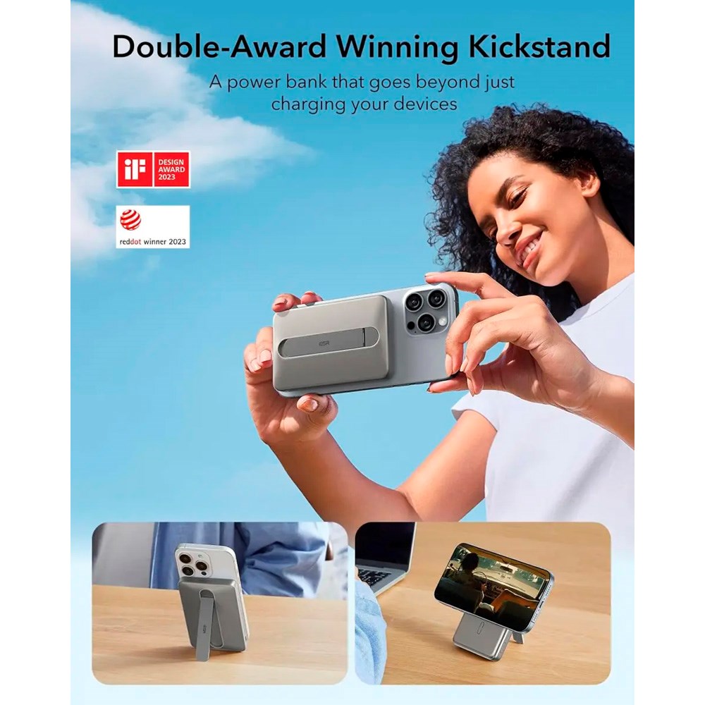 ESR - Qi2 MagSlim PowerBank m. Kickstand - 15W / 5000 mAh - MagSafe Kompatibel - Titanium