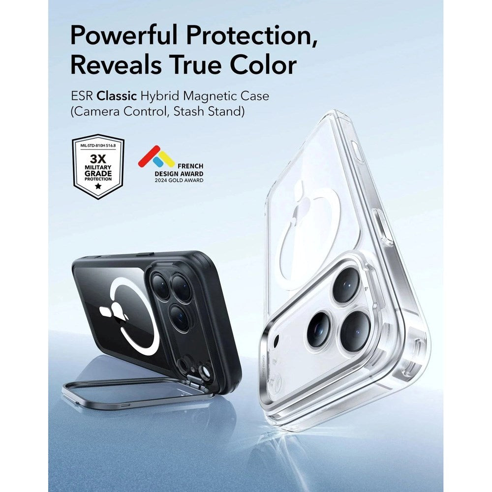 ESR iPhone 17 Pro Max Classic Hybrid Stash Cover m. Kickstand - MagSafe Kompatibel - Gennemsigtig / Sort