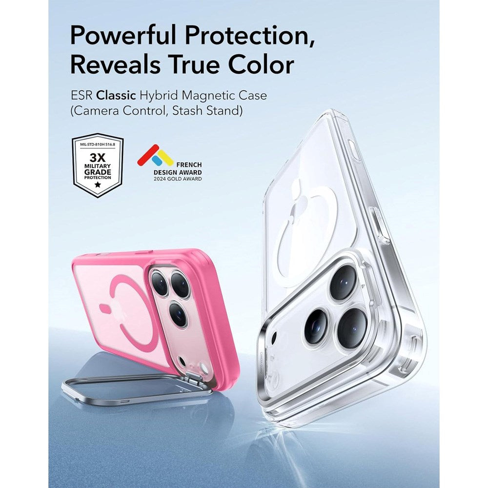 ESR iPhone 17 Pro Classic Hybrid Stash Cover m. Kickstand - MagSafe Kompatibel - Mat Lyserød