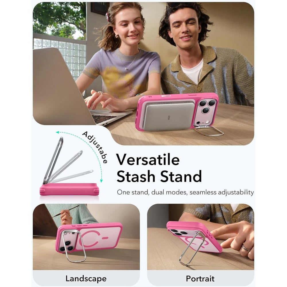 ESR iPhone 17 Pro Classic Hybrid Stash Cover m. Kickstand - MagSafe Kompatibel - Mat Lyserød
