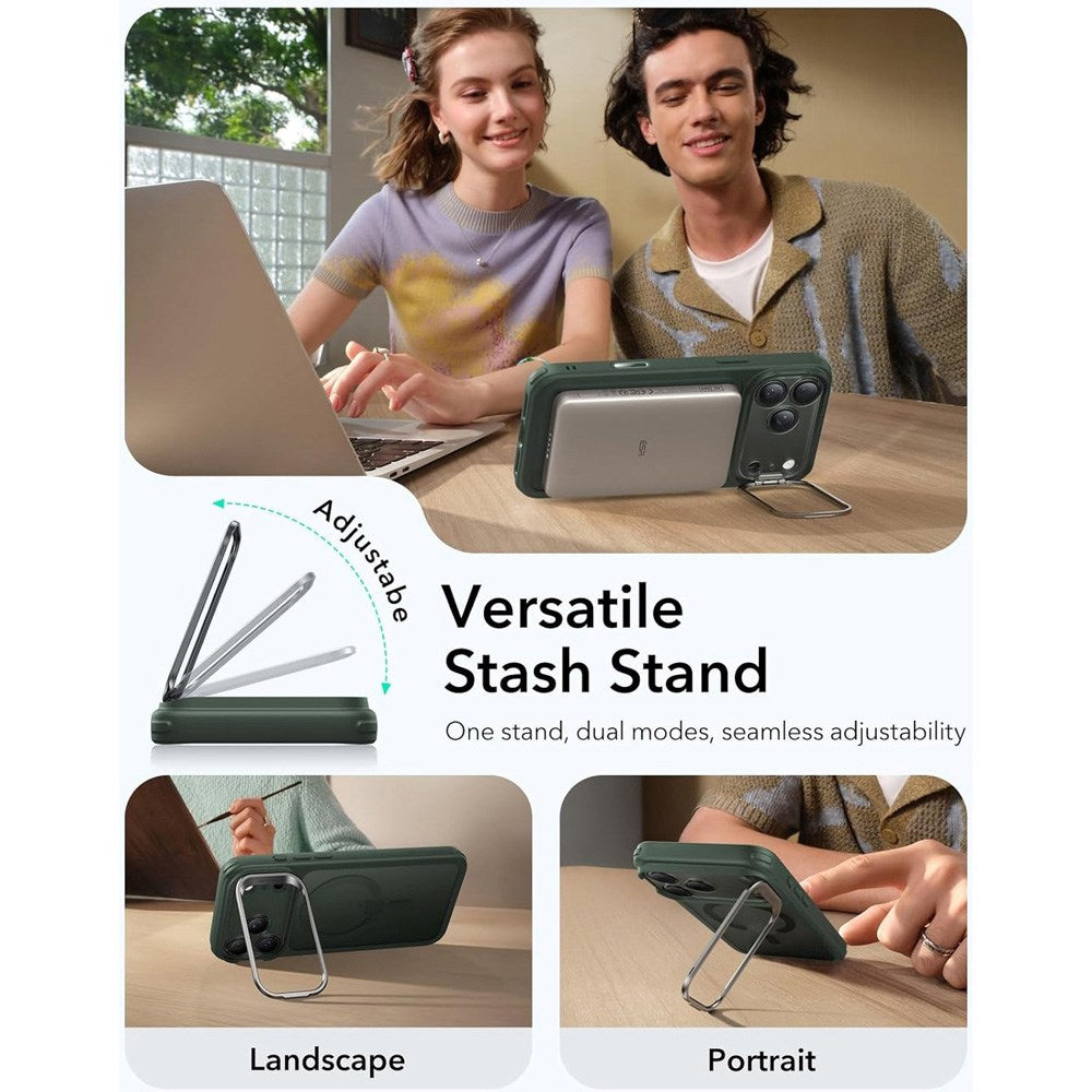 ESR iPhone 17 Pro Classic Hybrid Stash Cover m. Kickstand - MagSafe Kompatibel - Mat Grøn