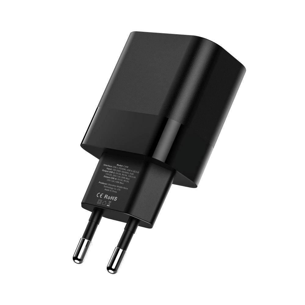 Tech-Protect 30W Vægoplader m. 1 x USB-C & 1 x USB-A - Sort