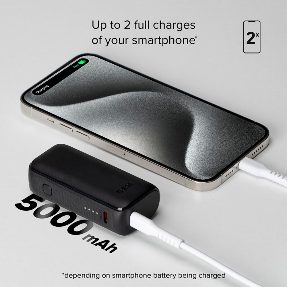 SBS NanoTube Powerbank m. USB-A & USB-C 10W IC - 5.000 mAh - Sort