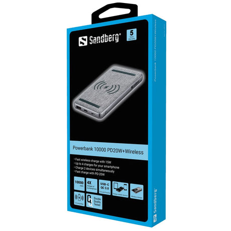 Sandberg Powerbank 20W m. 1 x USB-C (PD) / 1 x USB-A (QC) & Trådløs Opladning - Sølv