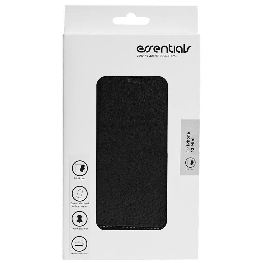 Essentials iPhone 13 Mini Ægte Læder Mobil Flip Cover 2 i 1 m. Kortholder - Sort