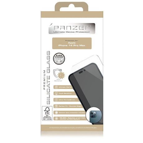 PANZER iPhone 14 Pro Max Skærmbeskyttelsesglas Premium - Ultimate Clarity - Anti-bacterial - Inkl. Kamera Beskyttelse