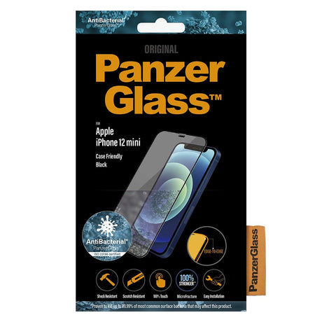 PanzerGlass iPhone 12 Mini AntiBacterial Edge-To-Edge Skærmbeskyttelse - Case Friendly - Sort Kant