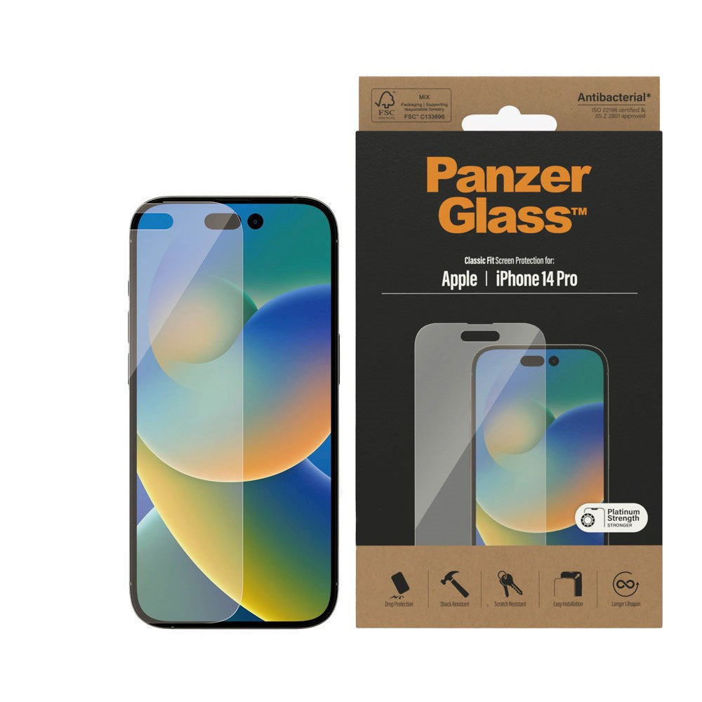 PanzerGlass iPhone 14 Pro AntiBacterial Classic Fit Skærmbeskyttelsesglas - Platinum Strength - Gennemsigtig
