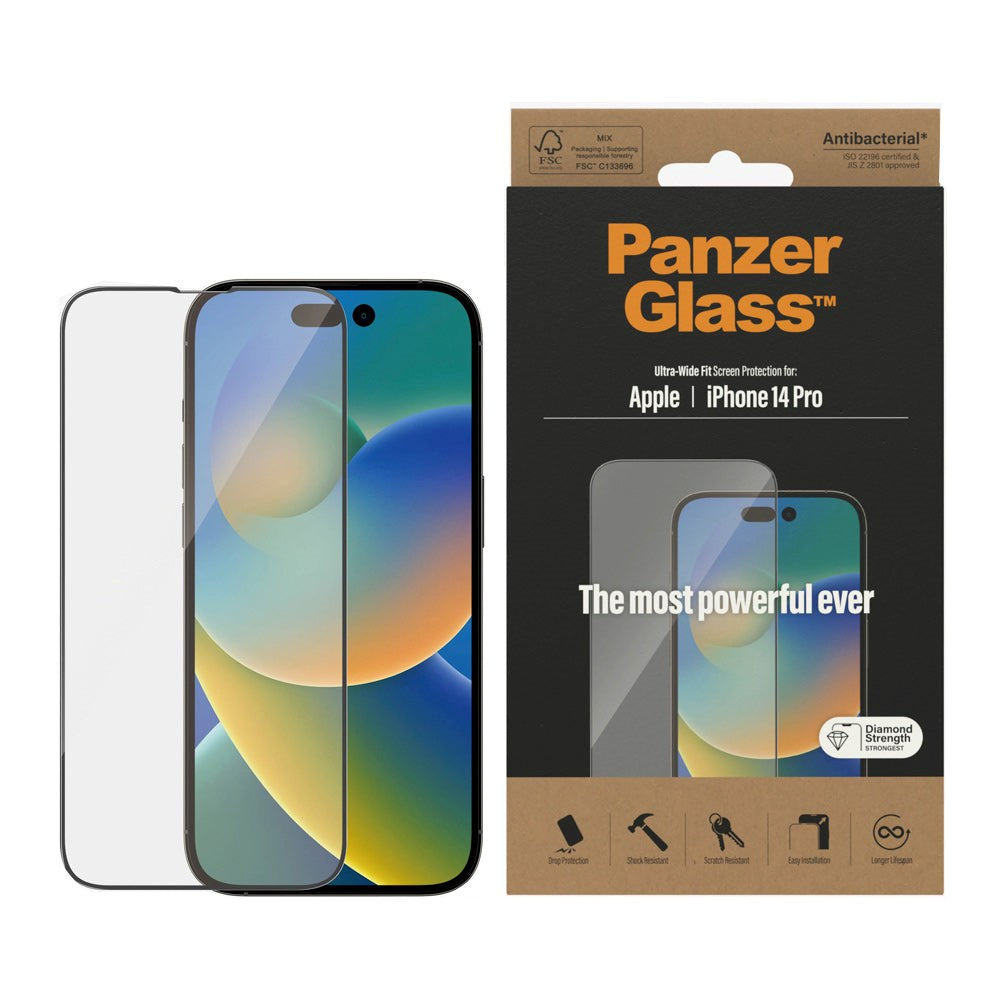 PanzerGlass iPhone 14 Pro AntiBacterial Ultra Wide Fit Skærmbeskyttelsesglas - Diamond Strength - Gennemsigtig